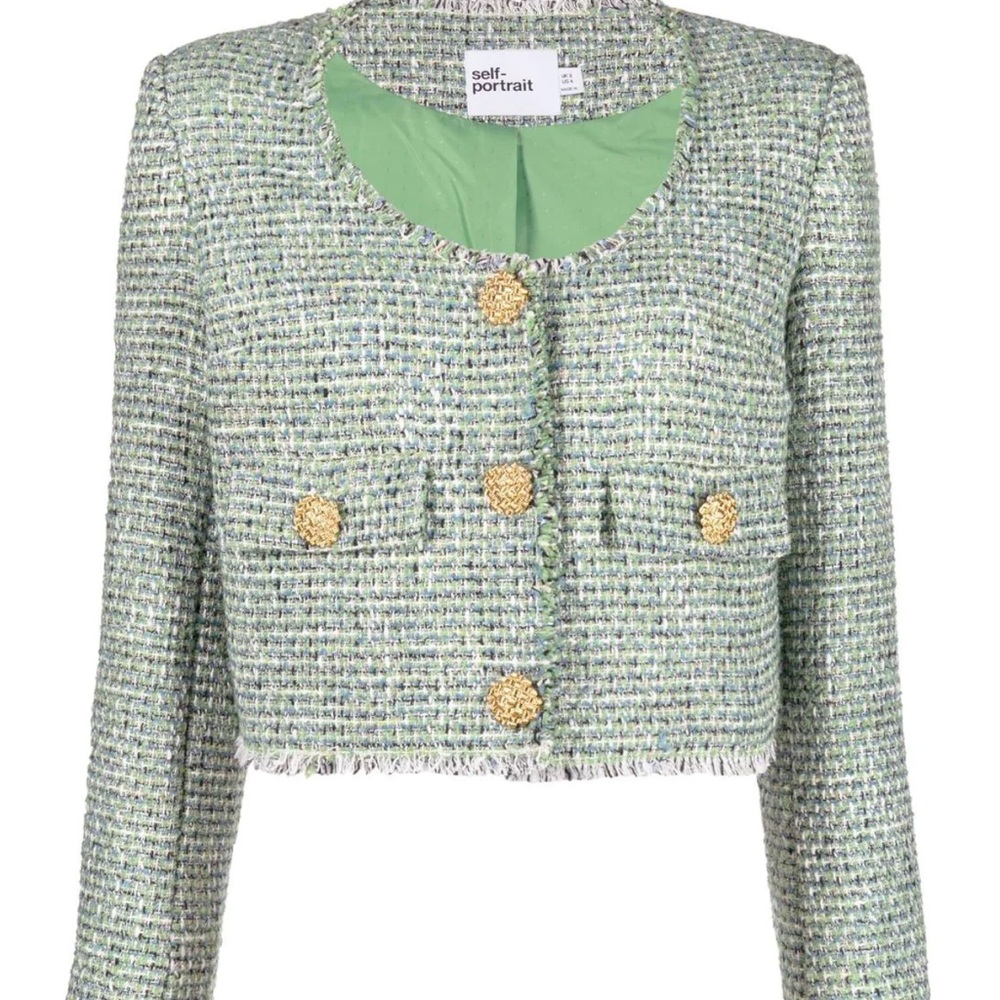 Green Bouclé Cropped Jacket with matching bralette(size 10)
This cropped jacket